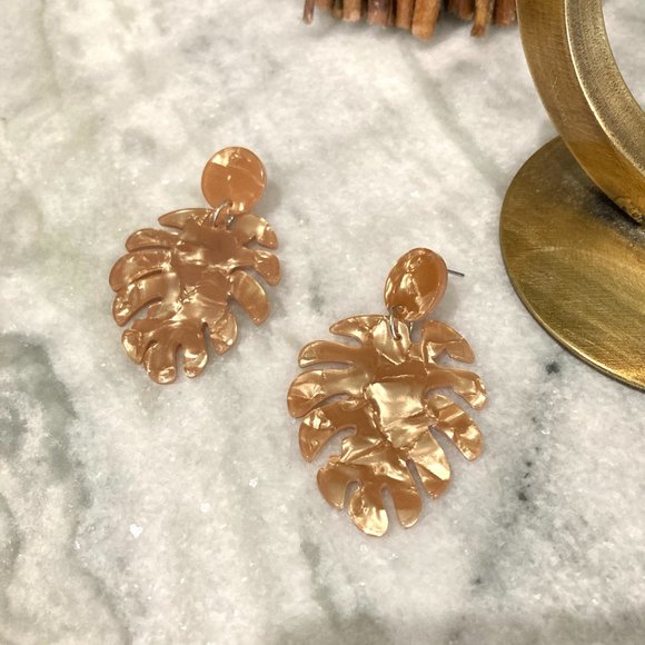 Monstera Leaf Tropical Golden Bronze Resin Tortoise Shell Earrings - Picture 2 of 5